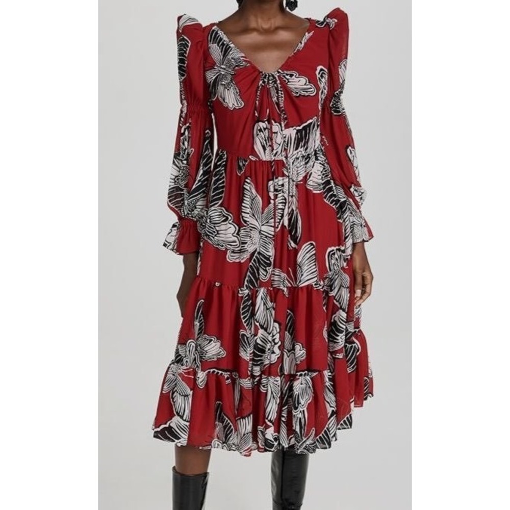 Autumn Adeigbo Fleur Red Butterfly Print Tiered Midi Dress Puff Sleeve Size 6